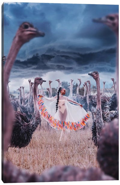 Kenyan Beauty Walks Among Ostriches Canvas Art Print - Ostrich Art