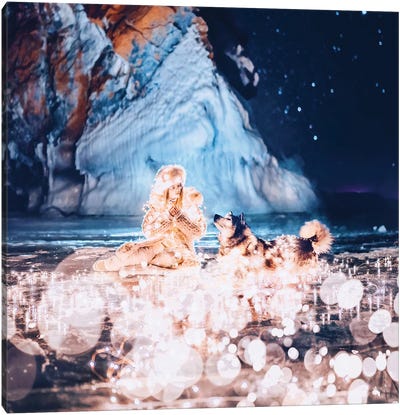 Girl And Dog In Lights Canvas Art Print - Glacier & Iceberg Art