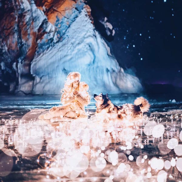 Siberian Huskies: Girl And Dog In Lights by Hobopeeba