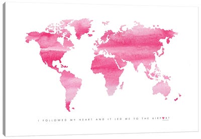 World Map Pink Canvas Art Print - World Map Art