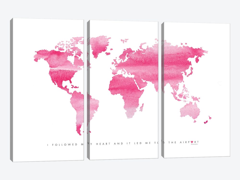World Map Pink by Mercedes Lopez Charro 3-piece Canvas Wall Art