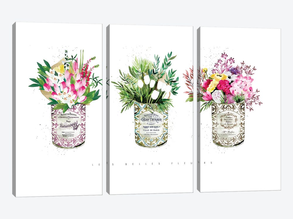 3 Vintage Cans With Mixed Florals by Mercedes Lopez Charro 3-piece Art Print