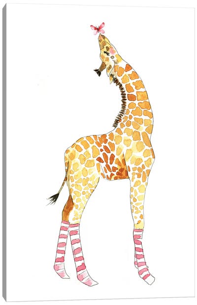 Giraffe With Butterfly Canvas Art Print - Mercedes Lopez Charro