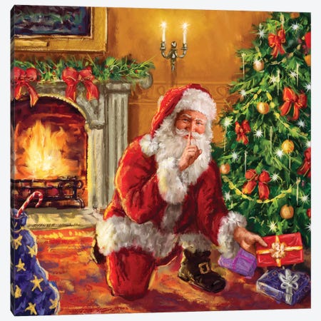 Santa At Tree With Present Canvas Print #MLL10} by Marcello Corti Canvas Print