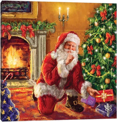 Santa At Tree With Present Canvas Art Print - Santa Claus Art