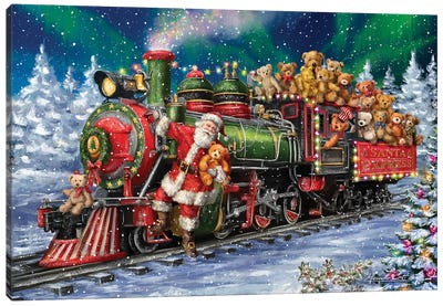 Santa Riding Train With Toy Bears Canvas Art Print - Large Christmas Art