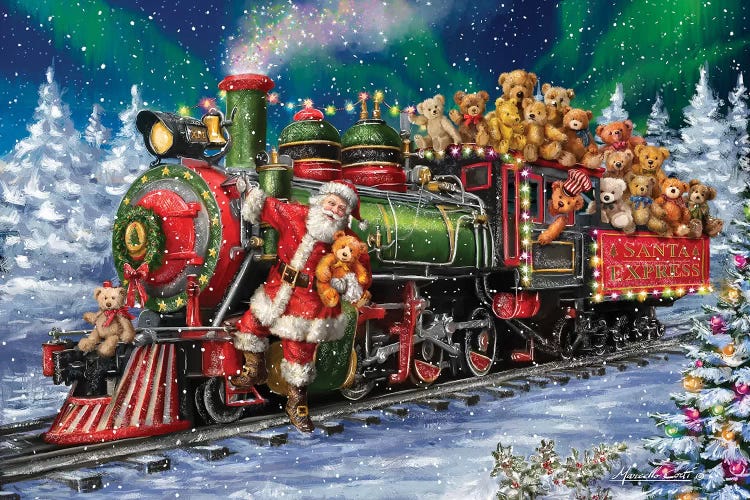 Santa Riding Train With Toy Bears