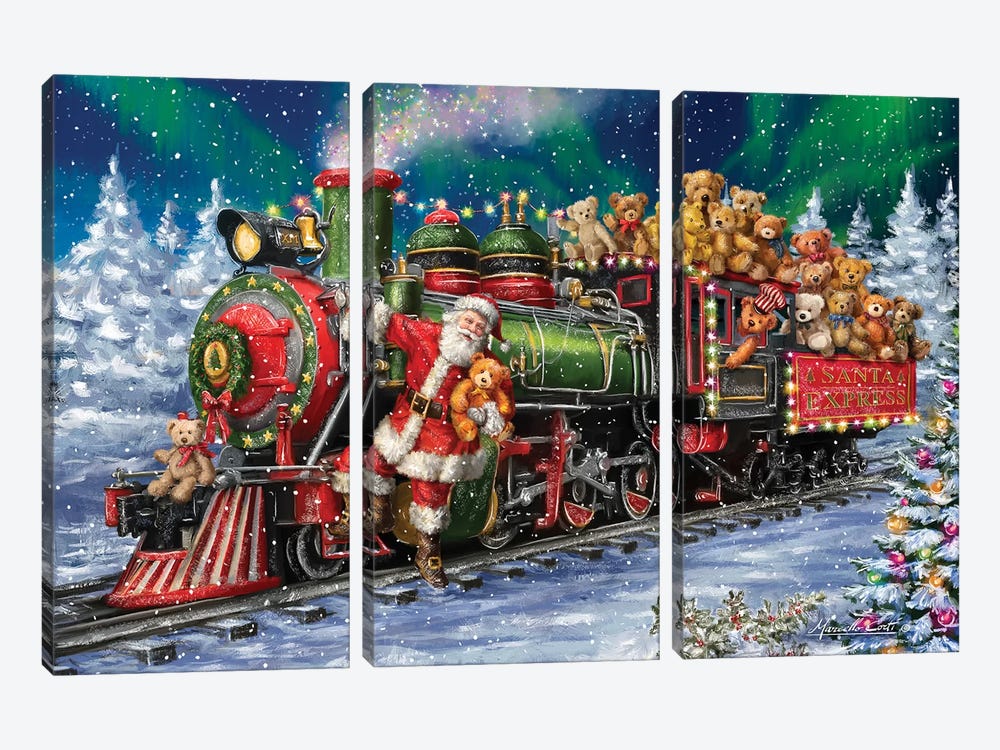 Santa Riding Train With Toy Bears by Marcello Corti 3-piece Canvas Artwork