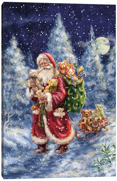 Santa in Winter Woods With Sack Canvas Art Print - Christmas Scenes