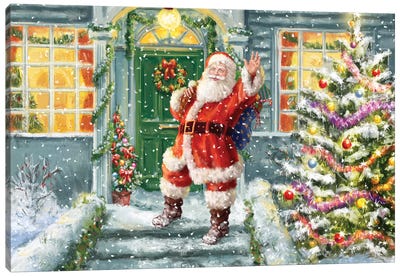 Santa On Steps With Green Door Canvas Art Print - Christmas Scenes