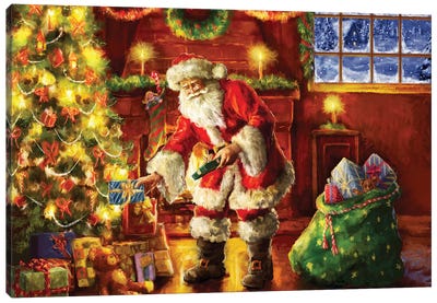 Santa Putting Gifts Under Tree Canvas Art Print - Large Christmas Art