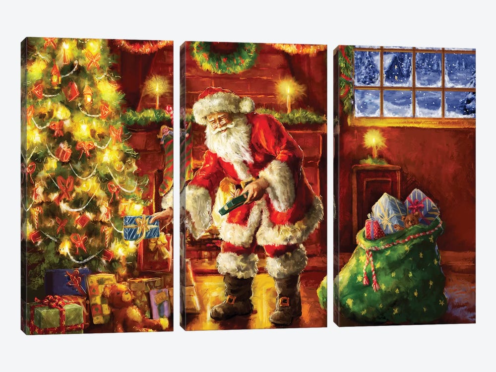 Santa Putting Gifts Under Tree by Marcello Corti 3-piece Canvas Artwork