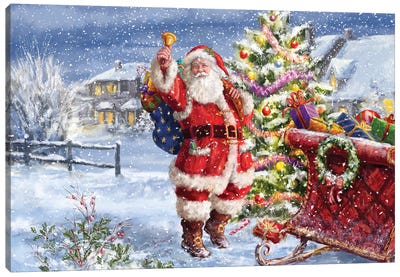 Santa Ringing Bell With Sleigh Canvas Art Print - Christmas Art