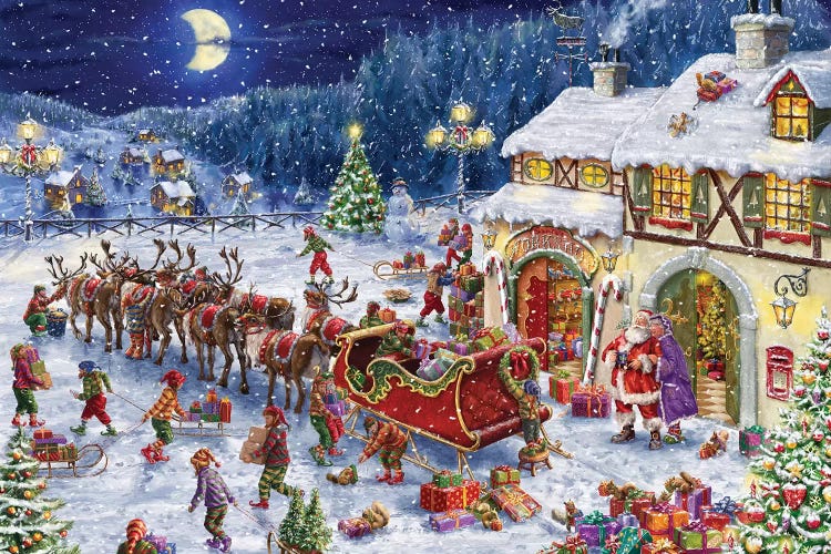 Santa Sleigh And Big Moon by Marcello Corti canvas print