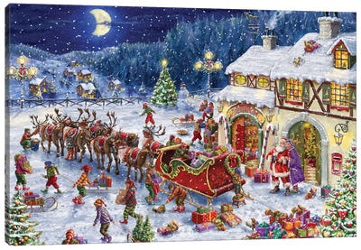 Santa Sleigh And Big Moon Canvas Art Print - Christmas Scenes