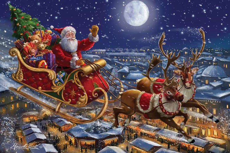 Santa Sleigh And Reindeer In Sky