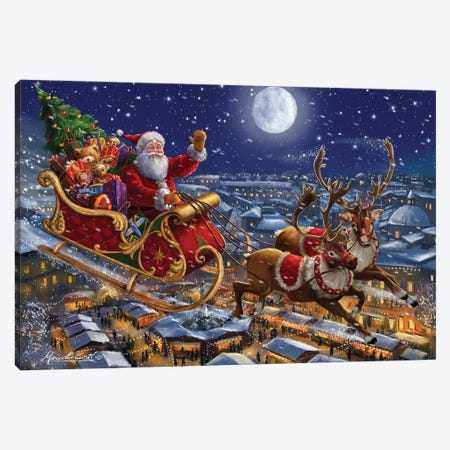 Santa Sleigh And Reindeer In Sky Canvas Print #MLL18} by Marcello Corti Art Print