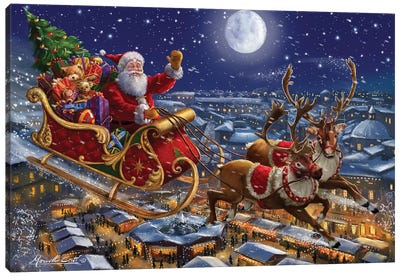 Santa Sleigh And Reindeer In Sky Canvas Art Print - Christmas Trees & Wreath Art