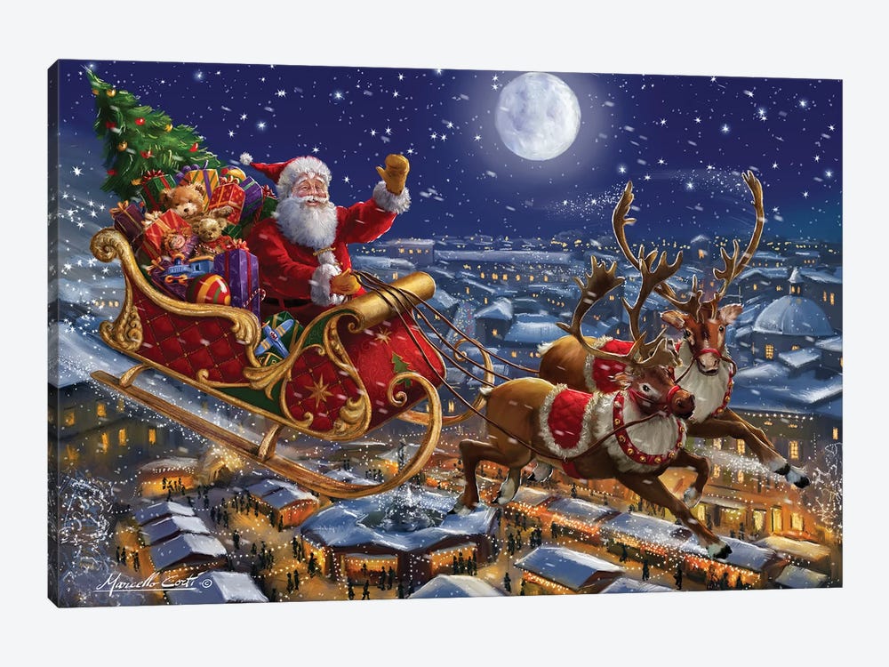 Santa Sleigh And Reindeer In Sky by Marcello Corti 1-piece Art Print