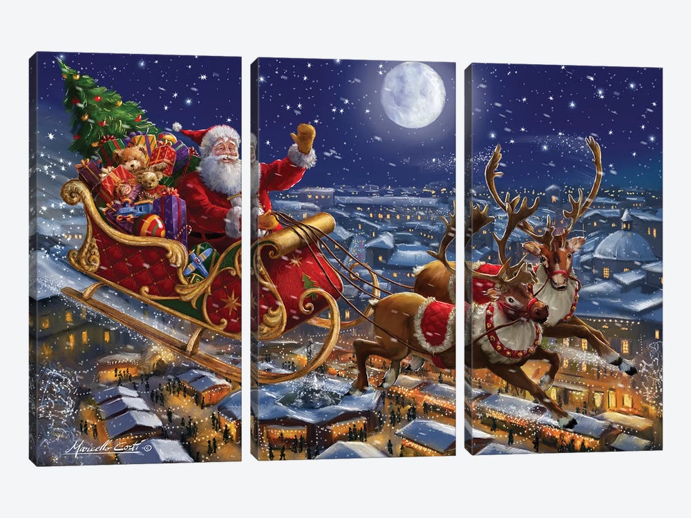 Santa Sleigh And Reindeer In Sky by Marcello Corti 3-piece Canvas Print