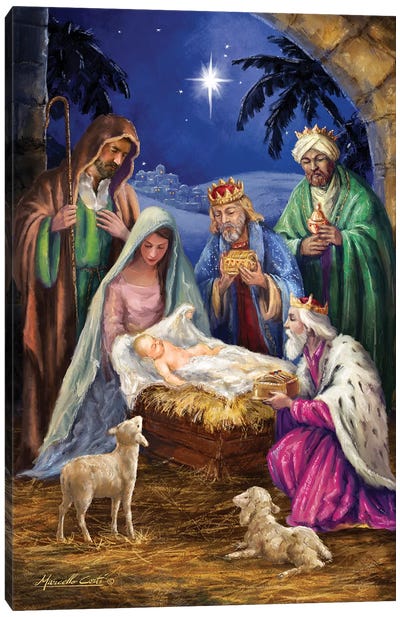 Holy Family With Three Kings Canvas Art Print - Religious Christmas Art