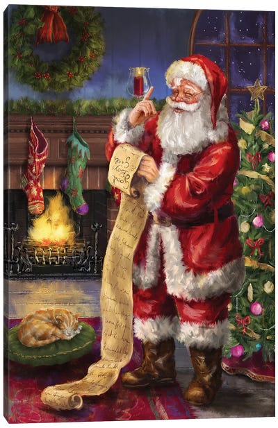 Santa With His List Canvas Art Print - Christmas Trees & Wreath Art
