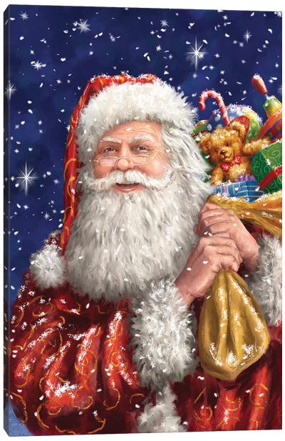 Santa With His Sack On Blue Canvas Art Print - Santa Claus Art
