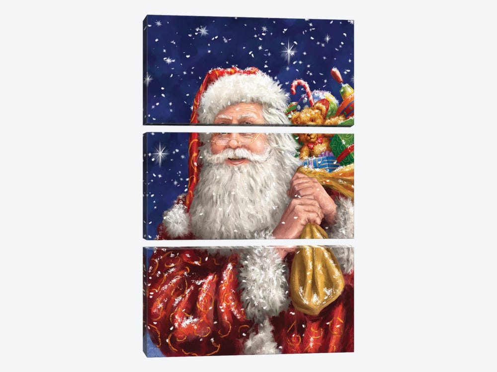 Santa With His Sack On Blue by Marcello Corti 3-piece Canvas Art Print