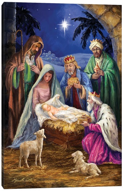 Holy Family with 3 Kings Canvas Art Print - Nativity Scene Art