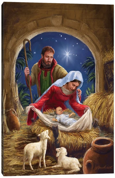 Holy Family with sheep Canvas Art Print - Religious Christmas Art
