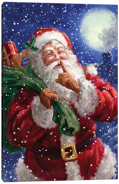 Santa on Blue with moon Canvas Art Print - Holiday Décor