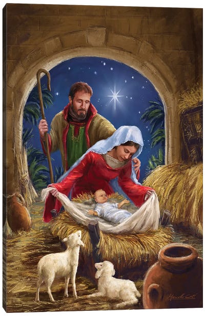 Holy Family With sheep Canvas Art Print - Nativity Scene Art