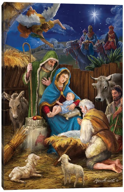 Mary And The Shepards Canvas Art Print - Nativity Scene Art