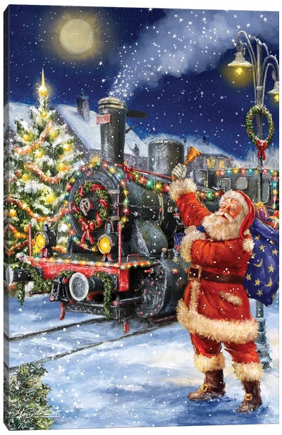 Santa And Black Train Canvas Art Print - Traditional Tidings