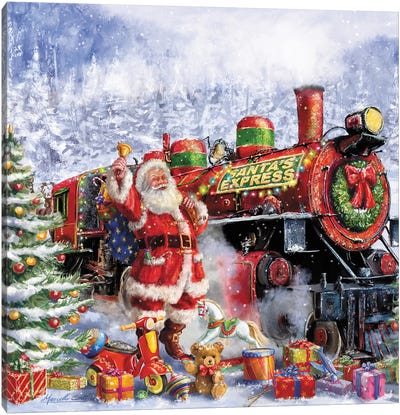 Santa And Red Train Canvas Art Print - Santa Claus Art