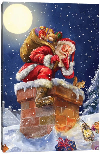 Santa At Chimney With Moon Canvas Art Print - Large Christmas Art