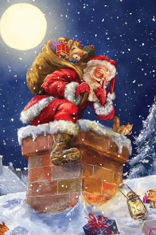 Santa At Chimney With Moon