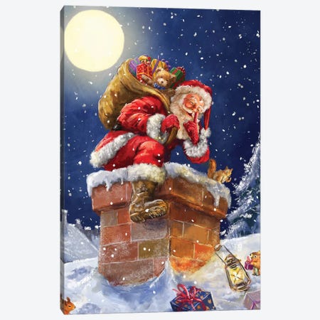 Santa At Chimney With Moon Canvas Print #MLL8} by Marcello Corti Canvas Art