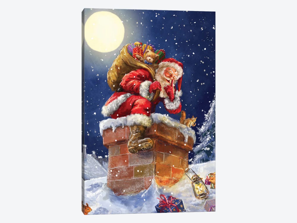 Santa At Chimney With Moon by Marcello Corti 1-piece Canvas Art