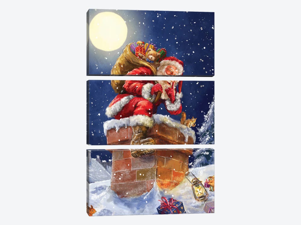 Santa At Chimney With Moon by Marcello Corti 3-piece Canvas Artwork
