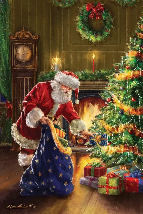 Santa At Tree Blue Sack by Marcello Corti wall art