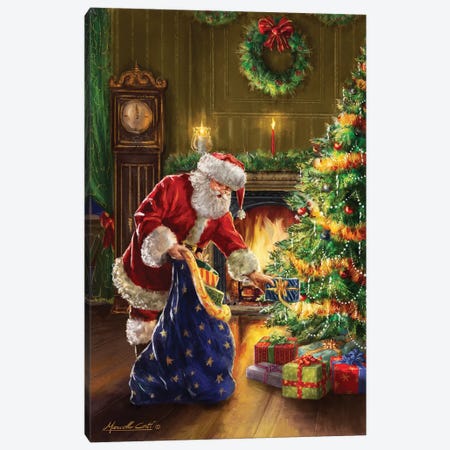 Santa At Tree Blue Sack Canvas Print #MLL9} by Marcello Corti Canvas Wall Art