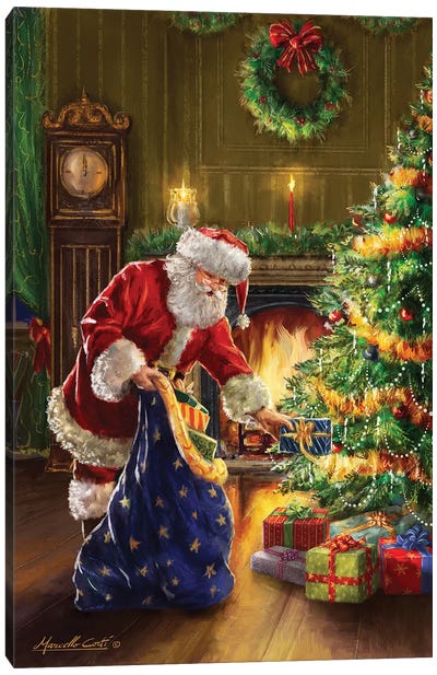 Santa At Tree Blue Sack Canvas Art Print - Christmas Art
