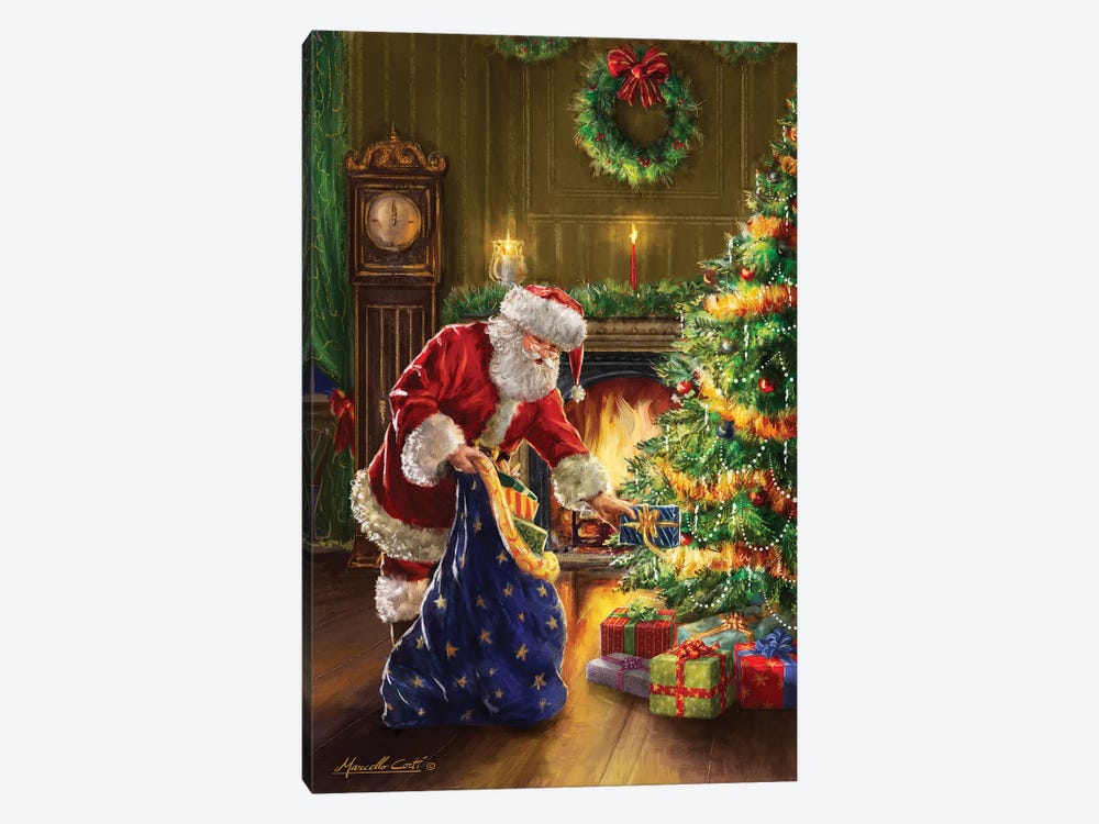Santa At Tree Blue Sack by Marcello Corti 1-piece Canvas Art Print