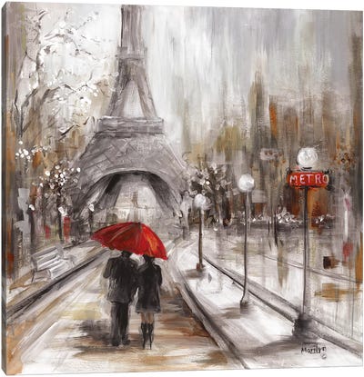Rainy Paris Canvas Art Print - Umbrella Art