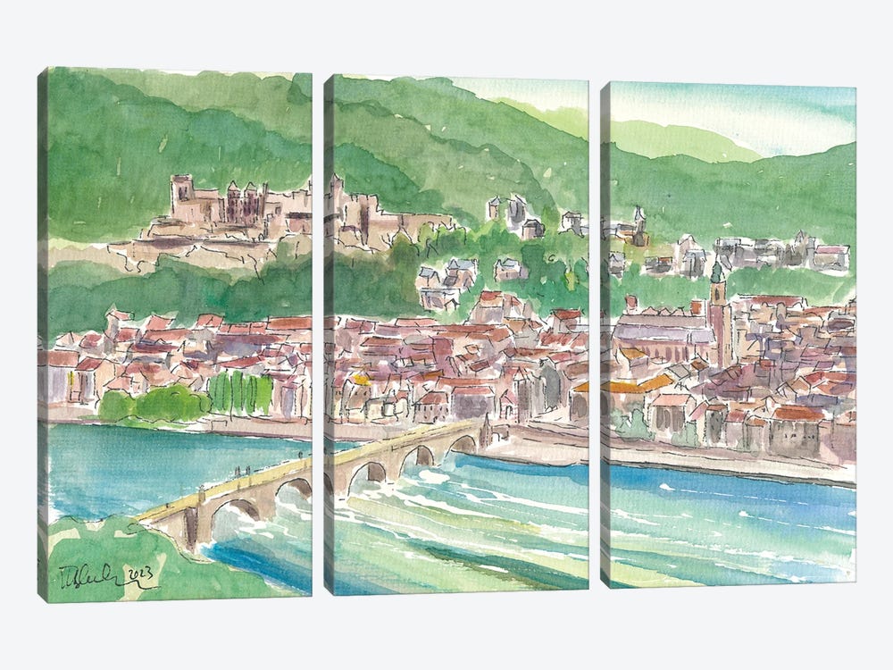 Heidelberg Germany View Of City With Castle And River Neckar by Markus & Martina Bleichner 3-piece Canvas Wall Art