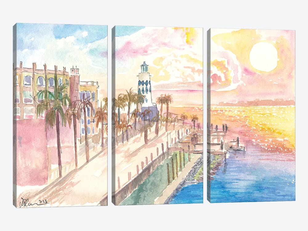 Marvellous Destin Florida Harborwalk View With Lighthouse And Sunset by Markus & Martina Bleichner 3-piece Canvas Print