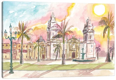 Lima Peru Watercolor Cityscape With Plaza Mayor Canvas Art Print