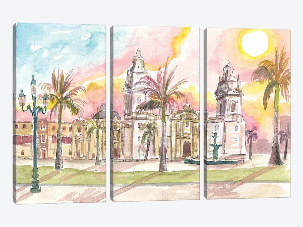 Lima Peru Watercolor Cityscape With Plaza Mayor by Markus & Martina Bleichner 3-piece Canvas Print