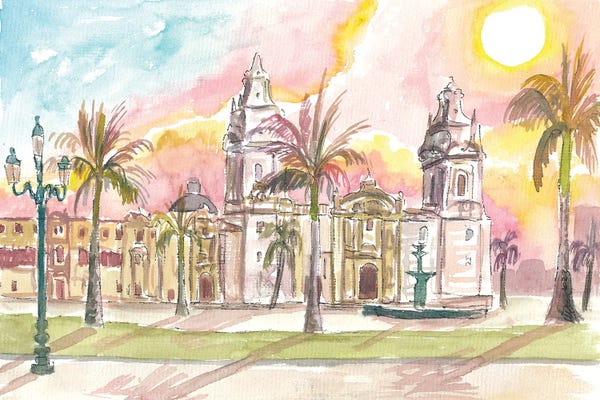 Markus & Martina Bleichner: Lima Peru Watercolor Cityscape With Plaza Mayor by Markus & Martina Bleichner